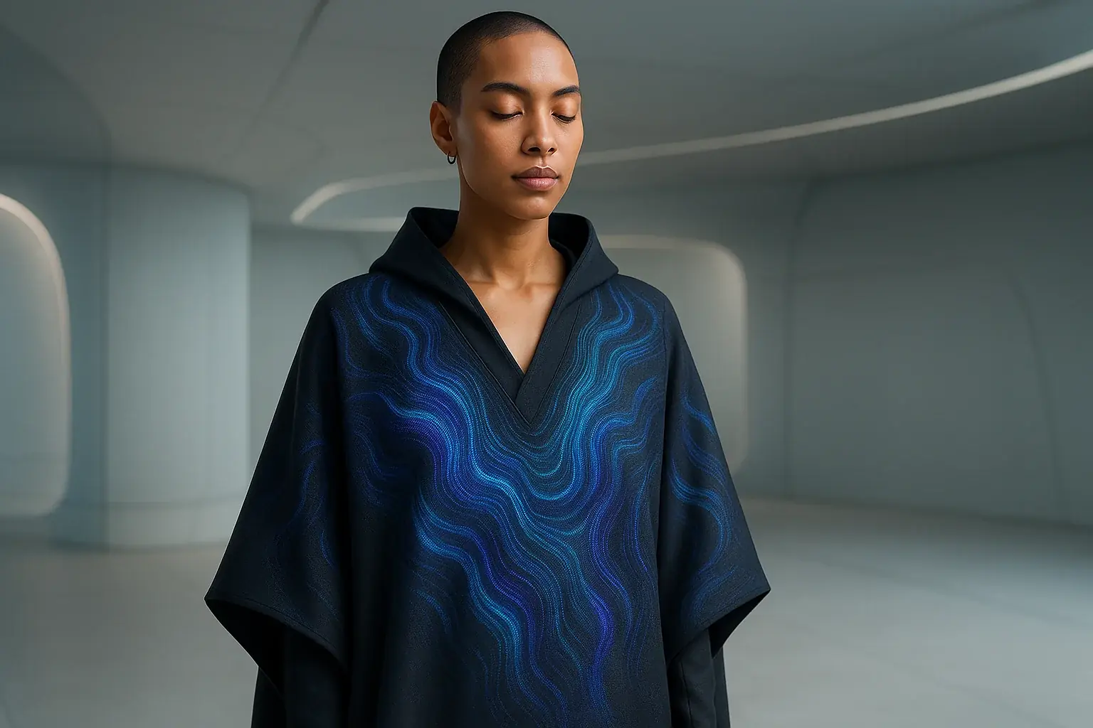Diverse model in VibeWear&#x27;s flowing, conceptual E-Ink garment, glowing with emotion. Tech, expression and future fashion.