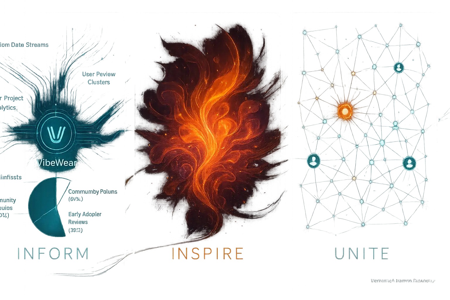 VibeWear mission infographic: Inform (data analysis), Inspire (sparks), Unite (community), shaping expressive techwear.