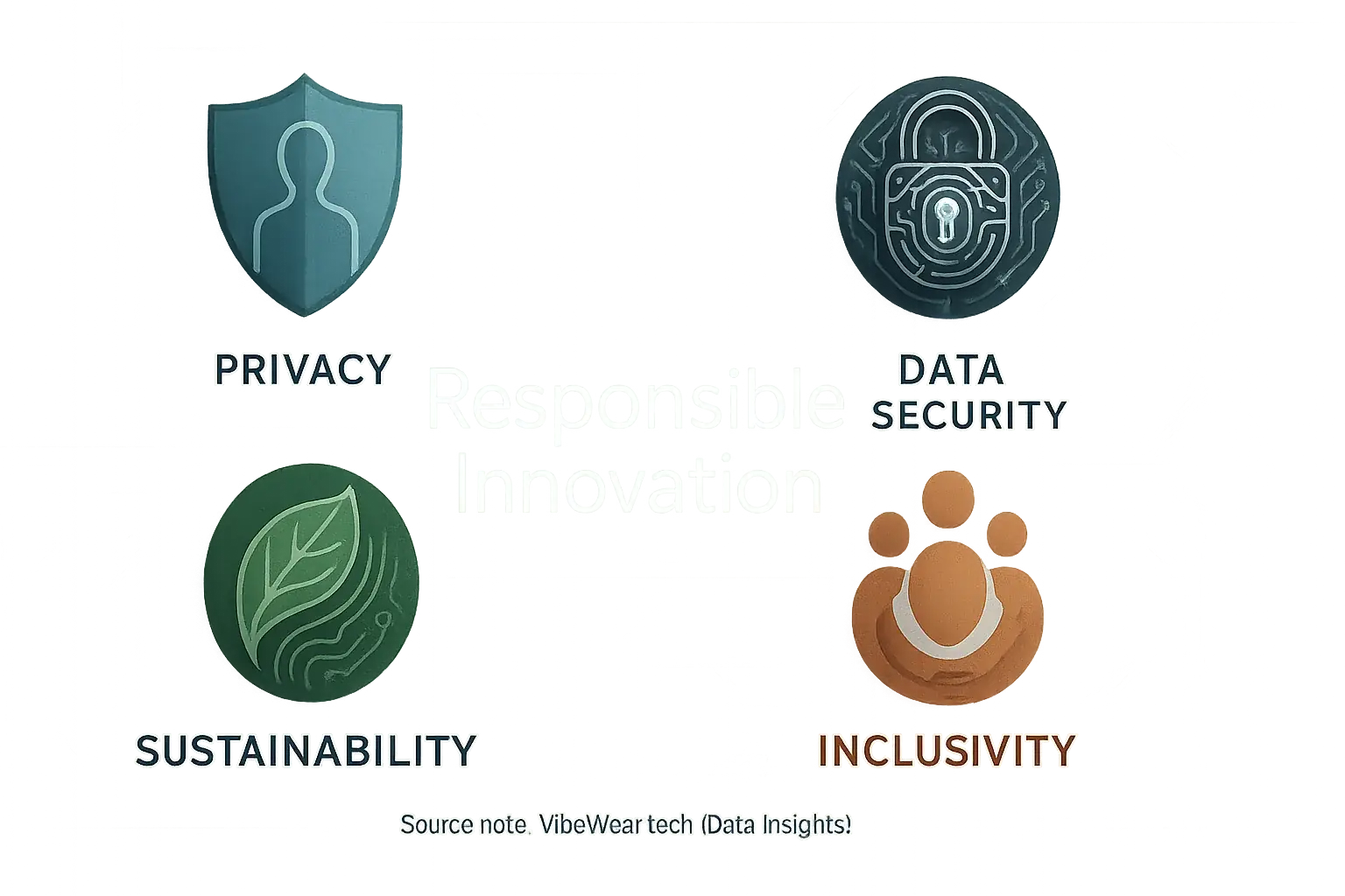 VibeWear&#x27;s Responsible Innovation: Privacy, Data Security, Sustainability, Inclusivity pillars shown with abstract icons.