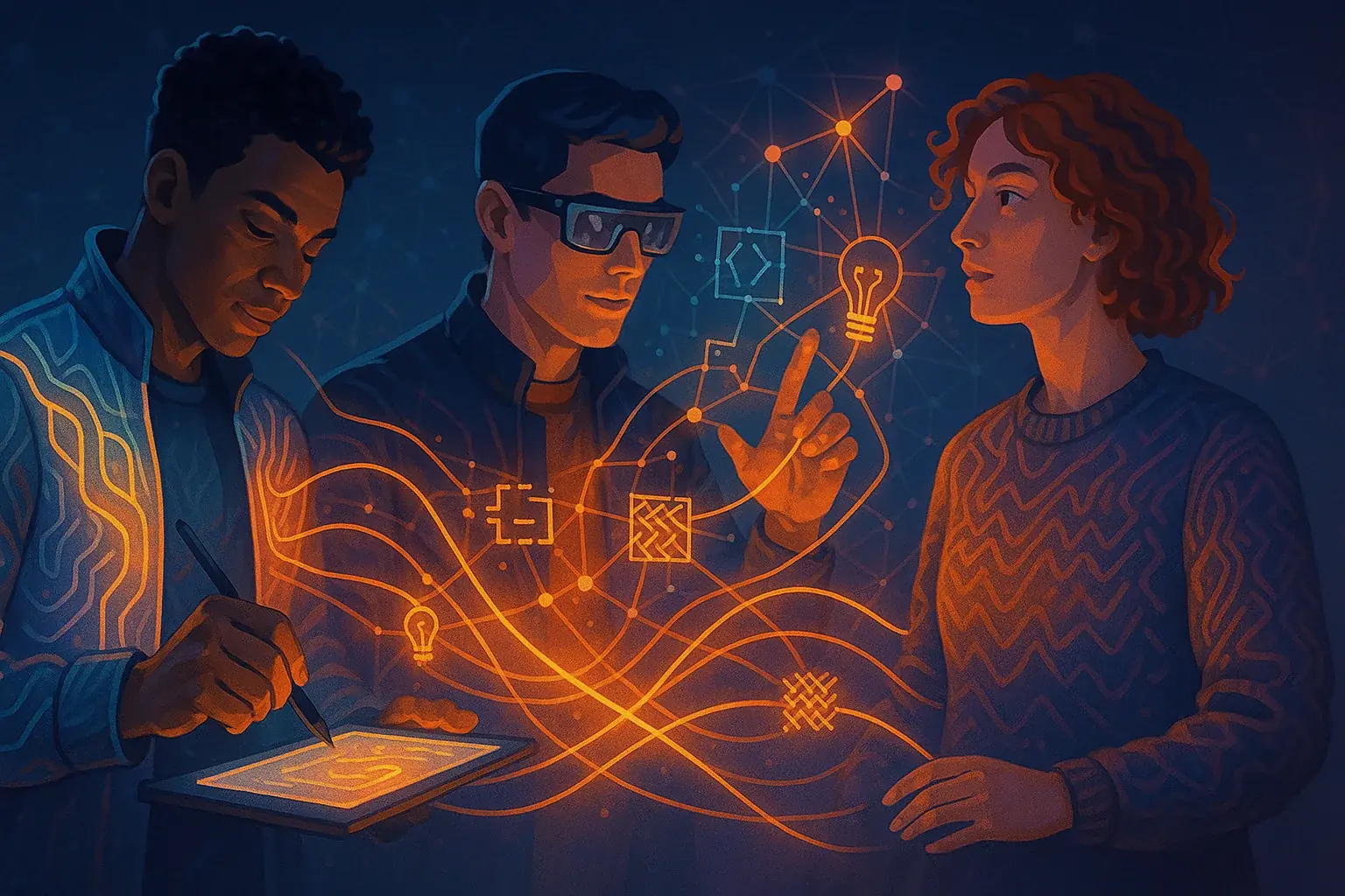 Stylized diverse people connected by glowing E-Ink, forming VibeWear&#x27;s passionate community network.