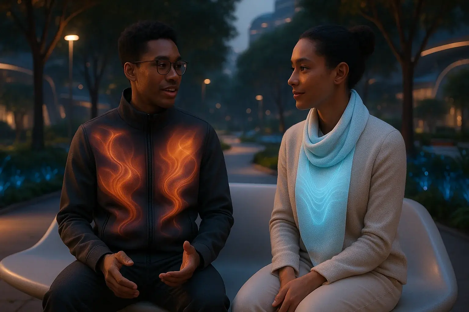 VibeWear&#x27;s future vision: Dynamic E-Ink clothing seamlessly worn by people in a progressive, harmonious cityscape.