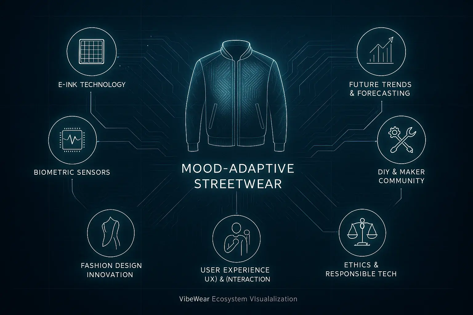 VibeWear ecosystem infographic: E-Ink, Sensors, Design, UX, Ethics, DIY, Trends converge, creating Mood-Adaptive Streetwear.