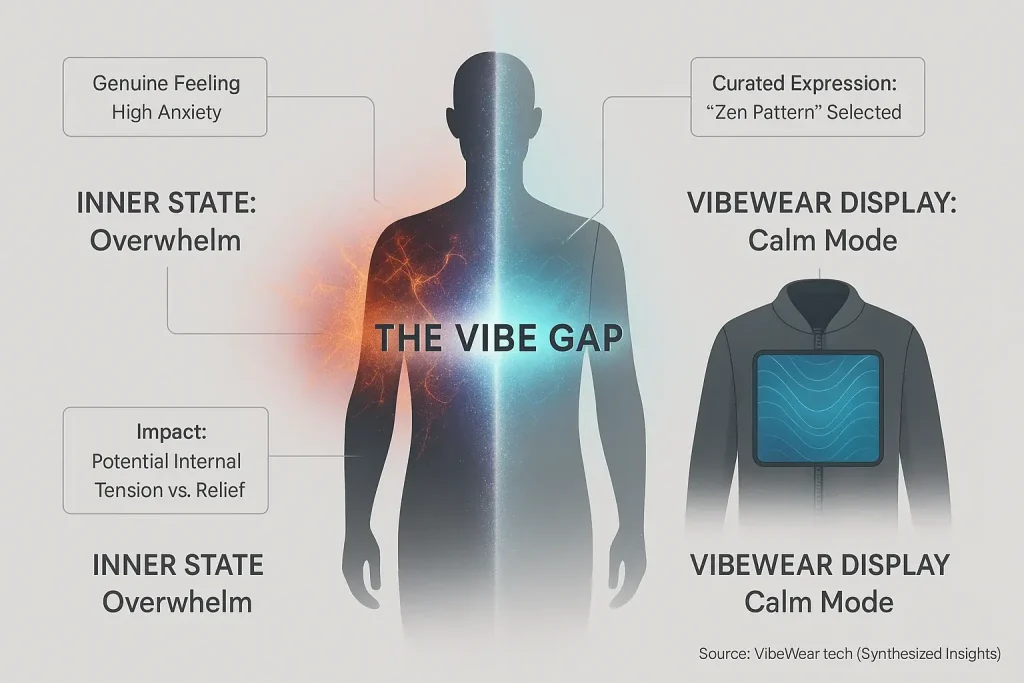 Infographic: Scenarios show VibeWear's displayed calm contrasting user's inner anxiety, illustrating the 'Vibe Gap'.
