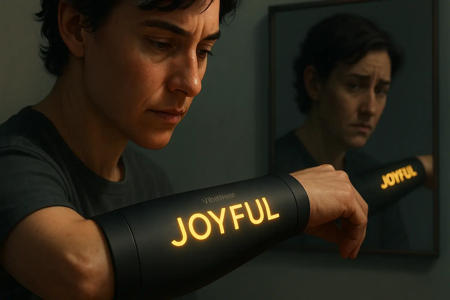 Person sees VibeWear sleeve's outer emotion; mirror reflects their different, underlying inner state.