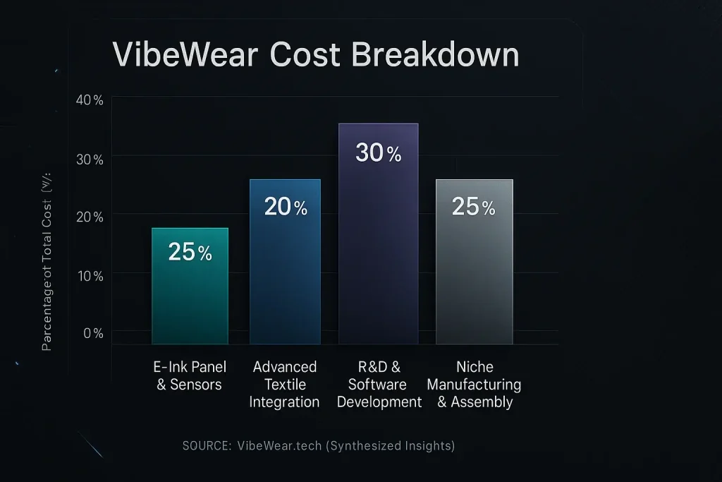 Bar chart showing VibeWear cost percentages: E-Ink/Sensors, Textiles, R&D, Niche Manufacturing as key cost drivers.