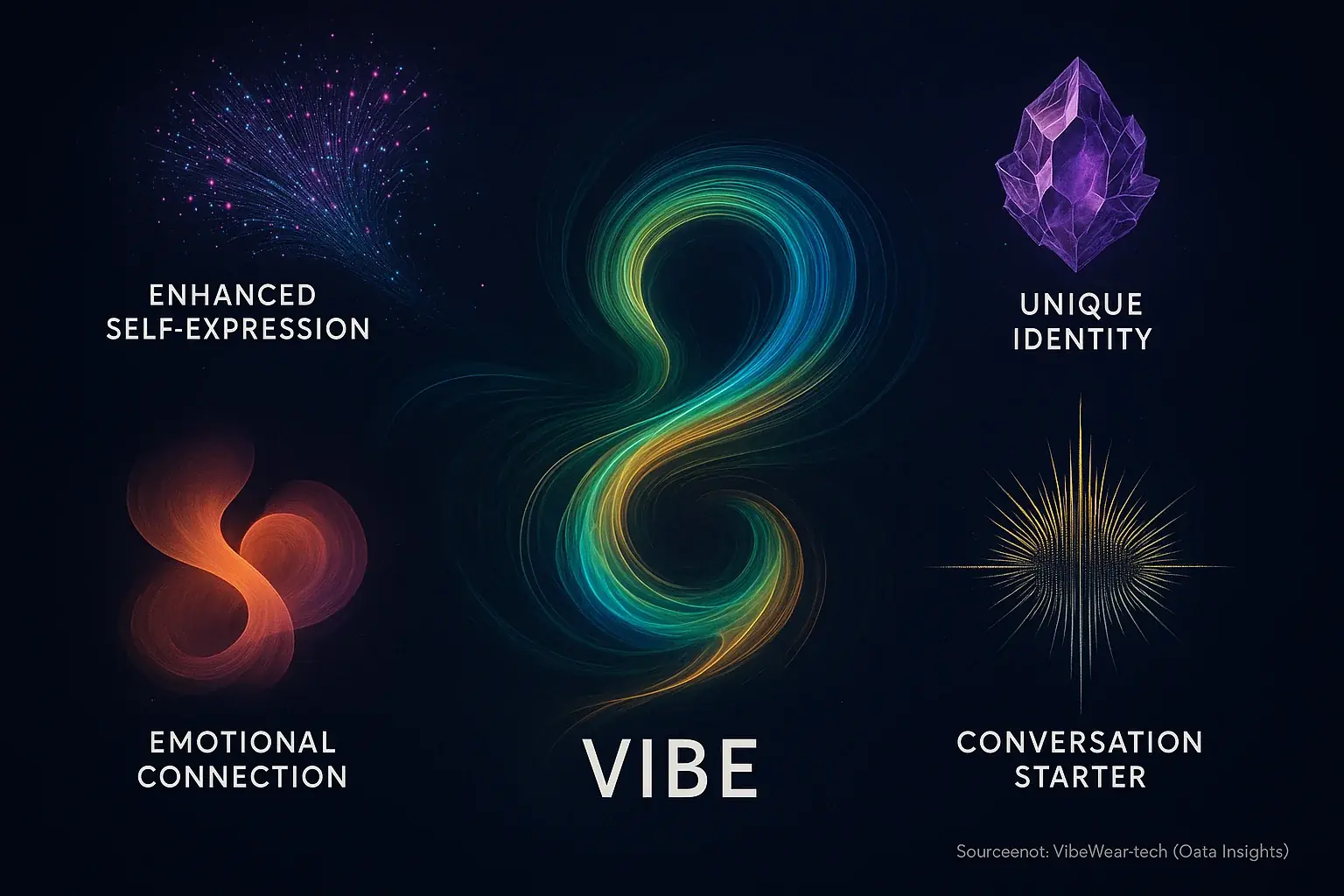 Infographic: Abstract flowing &#x27;vibe&#x27; art shows VibeWear&#x27;s values: self-expression, identity, connection, conversation
