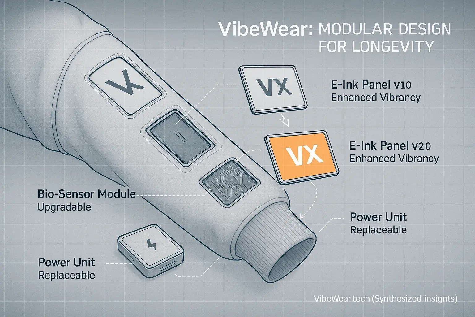 Infographic: Schematic of VibeWear&#x27;s modular parts (E-Ink, sensor, battery) swapping for garment durability, upgrades &amp;