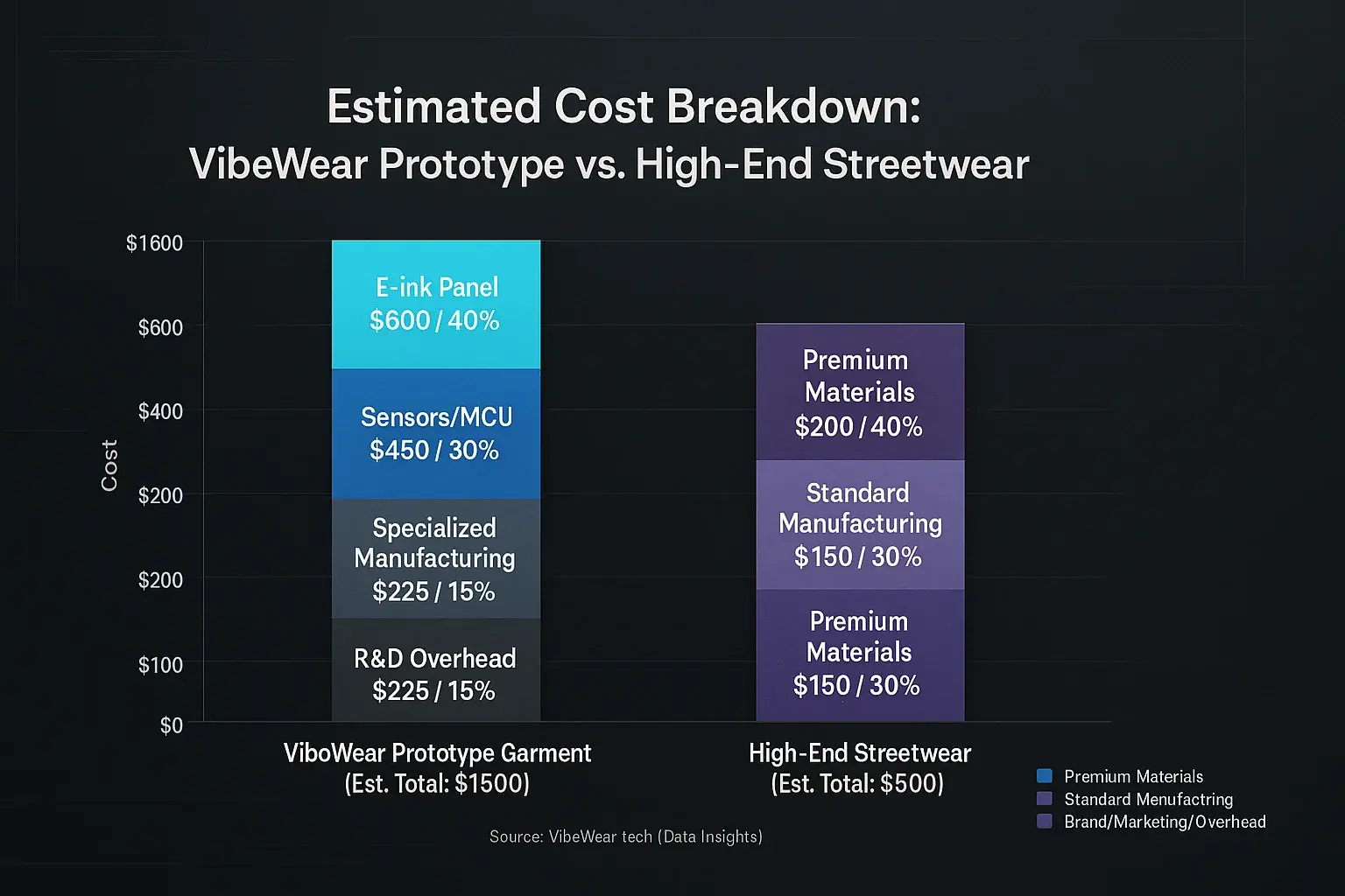 Bar chart: Dominant E-Ink panel & sensor/MCU costs explain VibeWear's higher price vs. traditional streetwear.