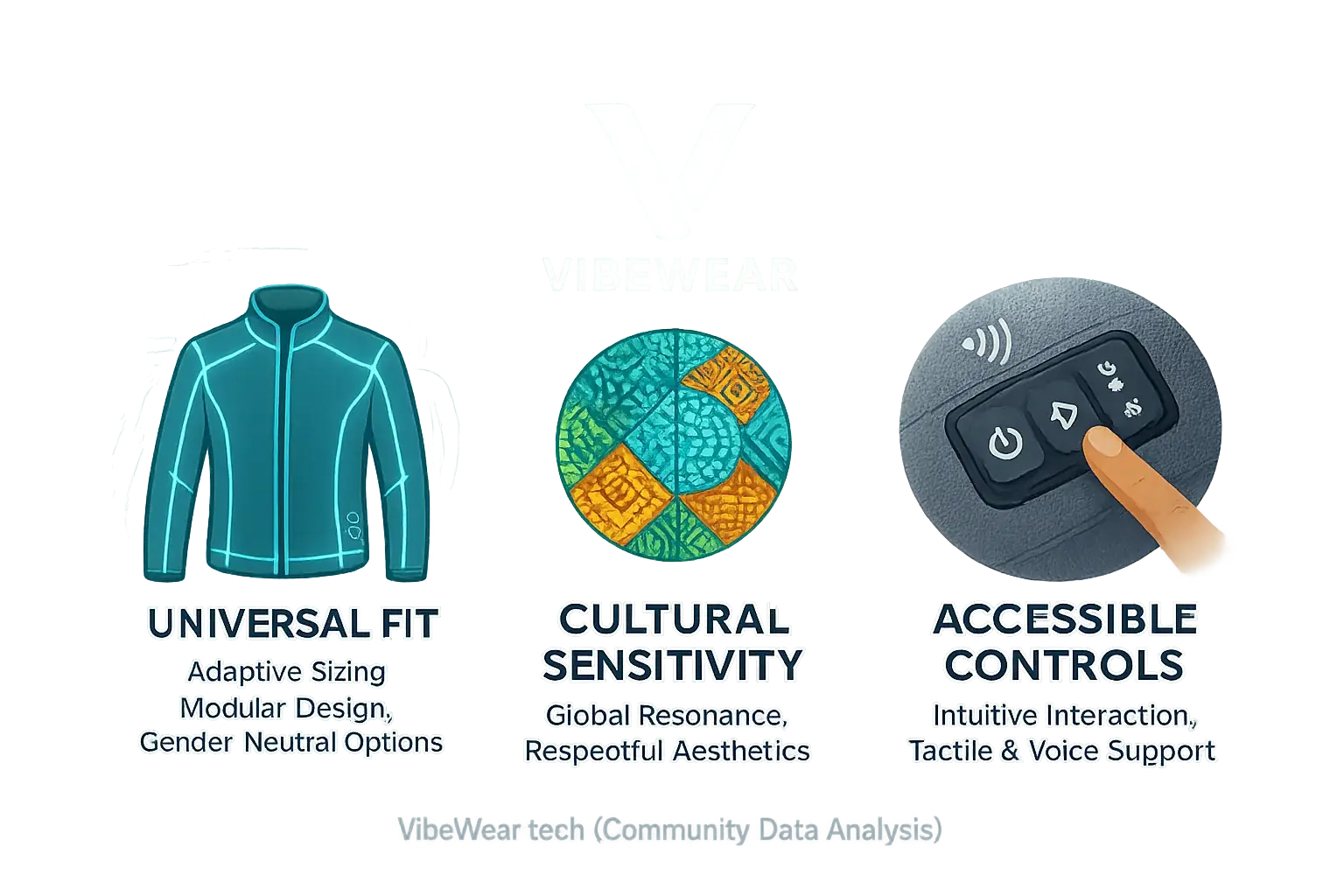 Infographic: VibeWear's inclusive design principles—Universal Fit, Cultural Sensitivity, Accessibility—shown with diverse