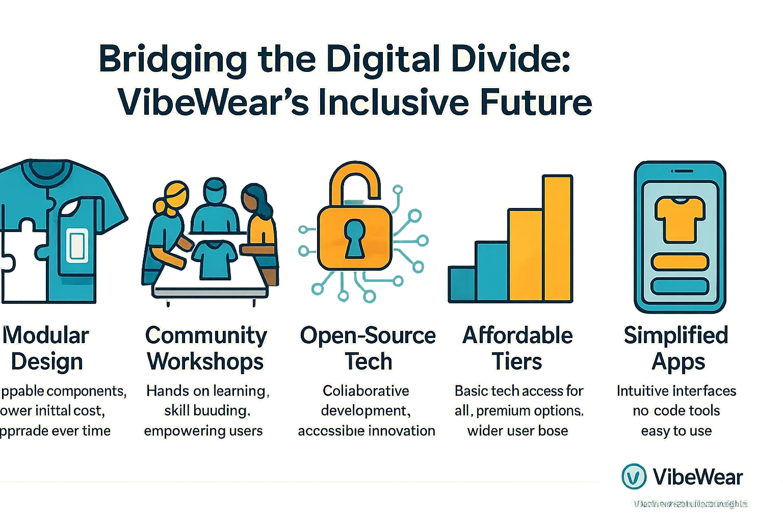 Infographic: VibeWear's digital inclusion strategies: Modular Design, Workshops, Open-Source, Affordable Tiers, Simplified