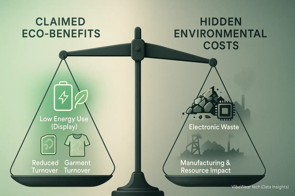 Conceptual scale/Venn: Claimed eco-benefits (less consumption) vs. hidden tech fashion costs (e-waste, manufacturing