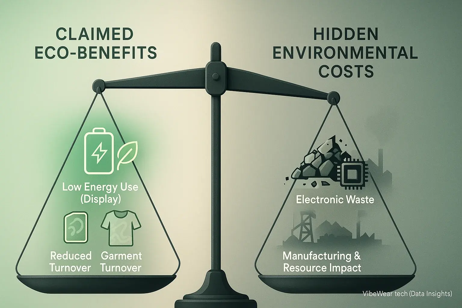 Conceptual scale/Venn: Claimed eco-benefits (less consumption) vs. hidden tech fashion costs (e-waste, manufacturing