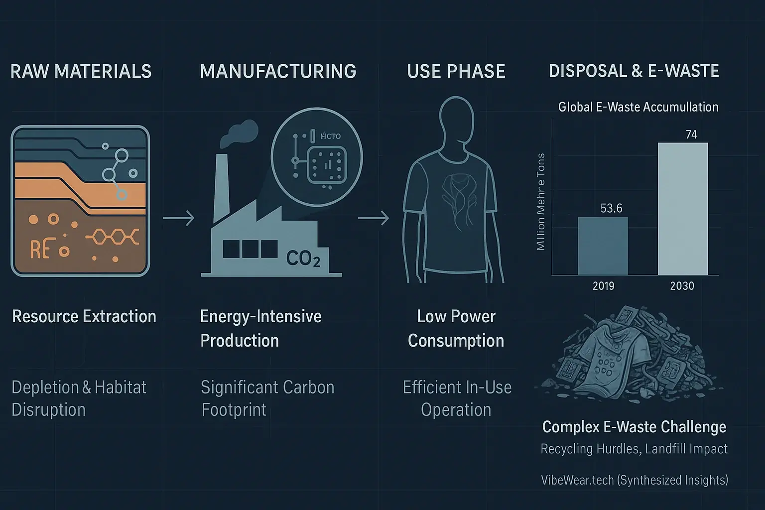 Infographic: Tech garment lifecycle (materials, manufacturing, use, disposal) with icons showing its e-waste & carbon