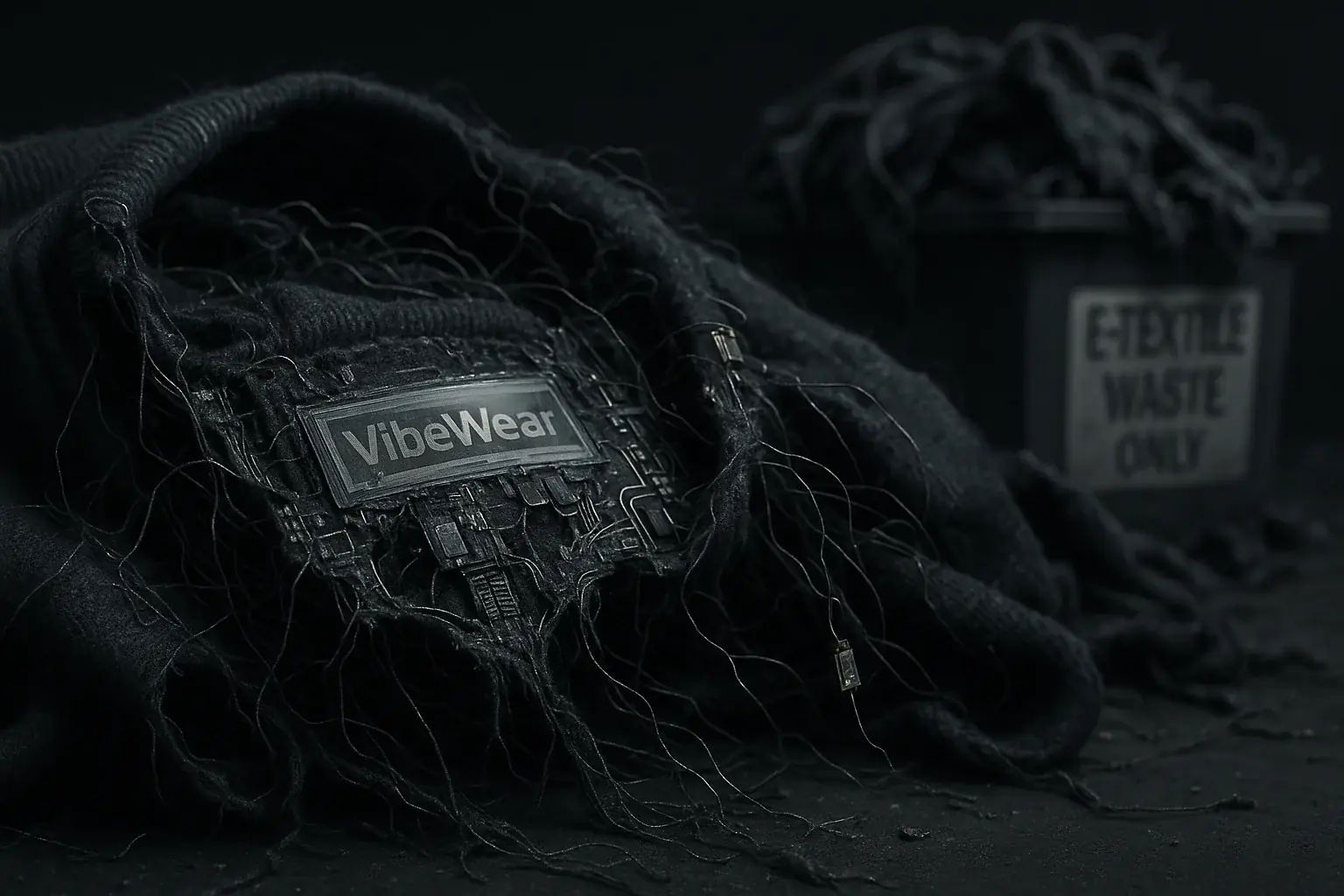 Stylized art: tangled electronics and fabric, emphasizing complex separation for smart apparel recycling.