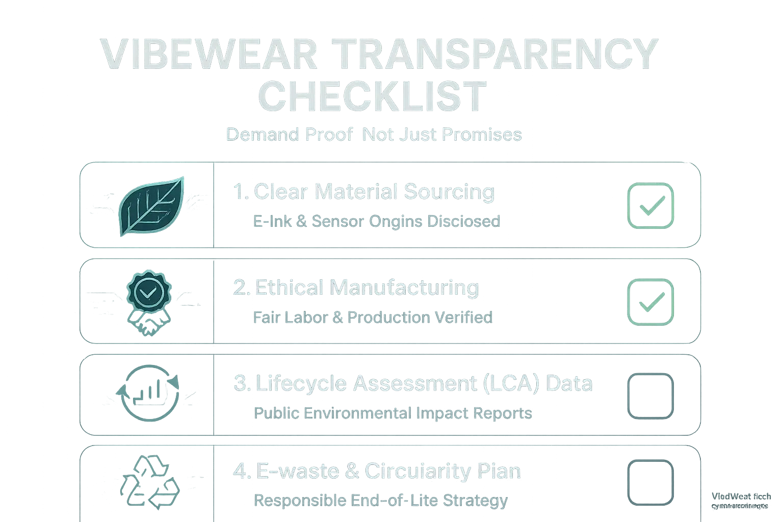 VibeWear's sustainability transparency checklist with checkmarks: material sourcing, e-waste, lifecycle data, ethical certs.