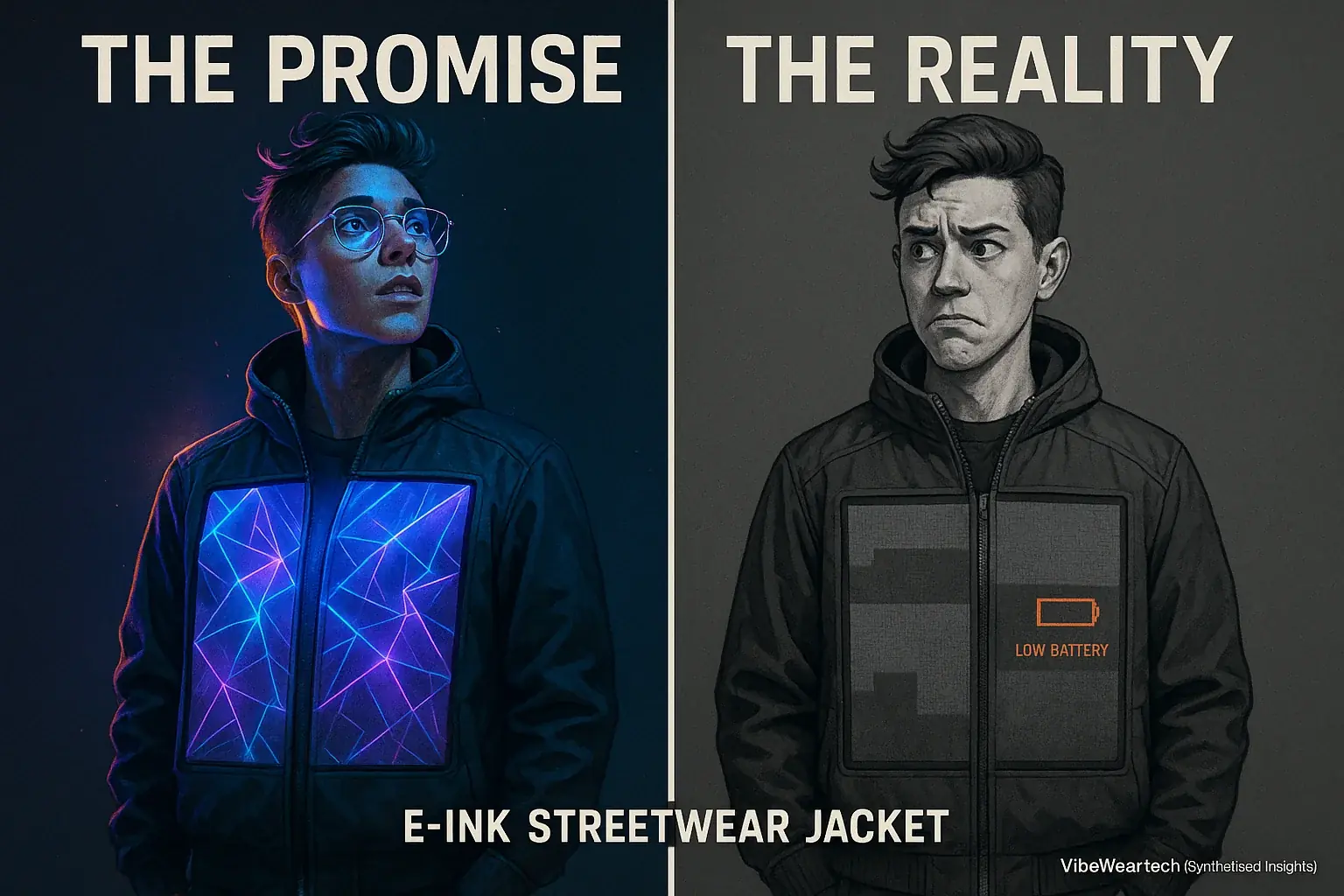 Infographic: 'The Promise' of dazzling E-Ink fashion vs. 'The Reality' showing a simplified, disappointing outcome &