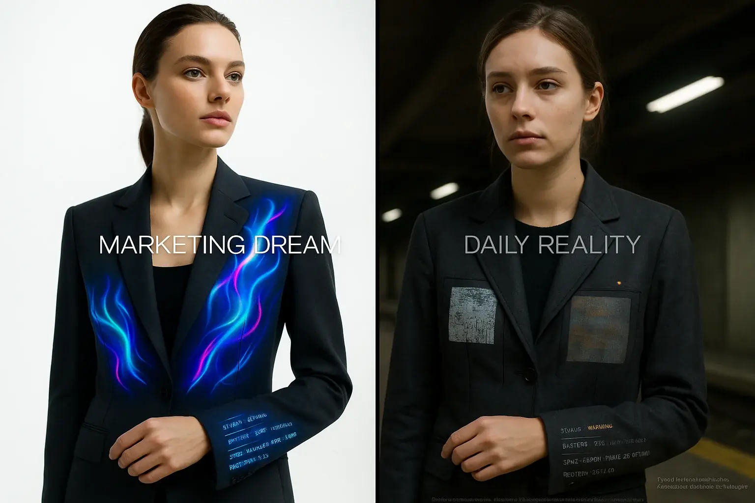 Split view: 'Marketing Dream' E-Ink (glossy) vs. 'Daily Reality' (glitched), illustrating the tech promise/reality gap.