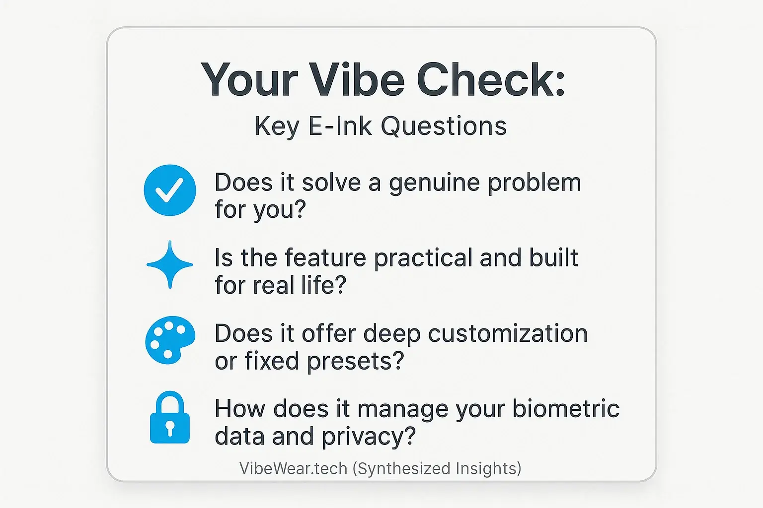 Infographic checklist for valuable E-Ink: Practical? Solves real problem? Durable? True customization?