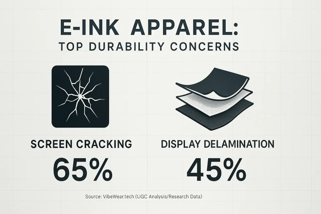 Infographic: Top e-ink apparel durability complaints: screen cracking & delamination, with icons & user percentages.