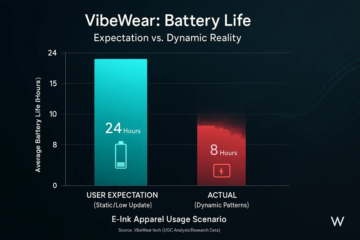 Bar chart comparing E-Ink apparel battery: Expected 24hr life vs. Actual 8hr life with dynamic patterns, a major shortfall.