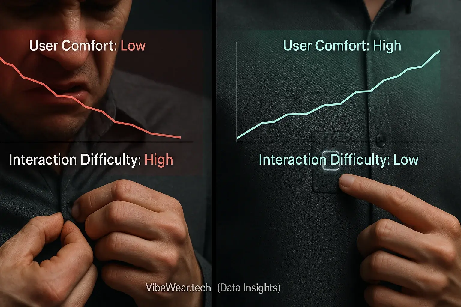 Person frustrated by a smart garment's tiny, hidden control, contrasted with a clear, intuitive control panel.