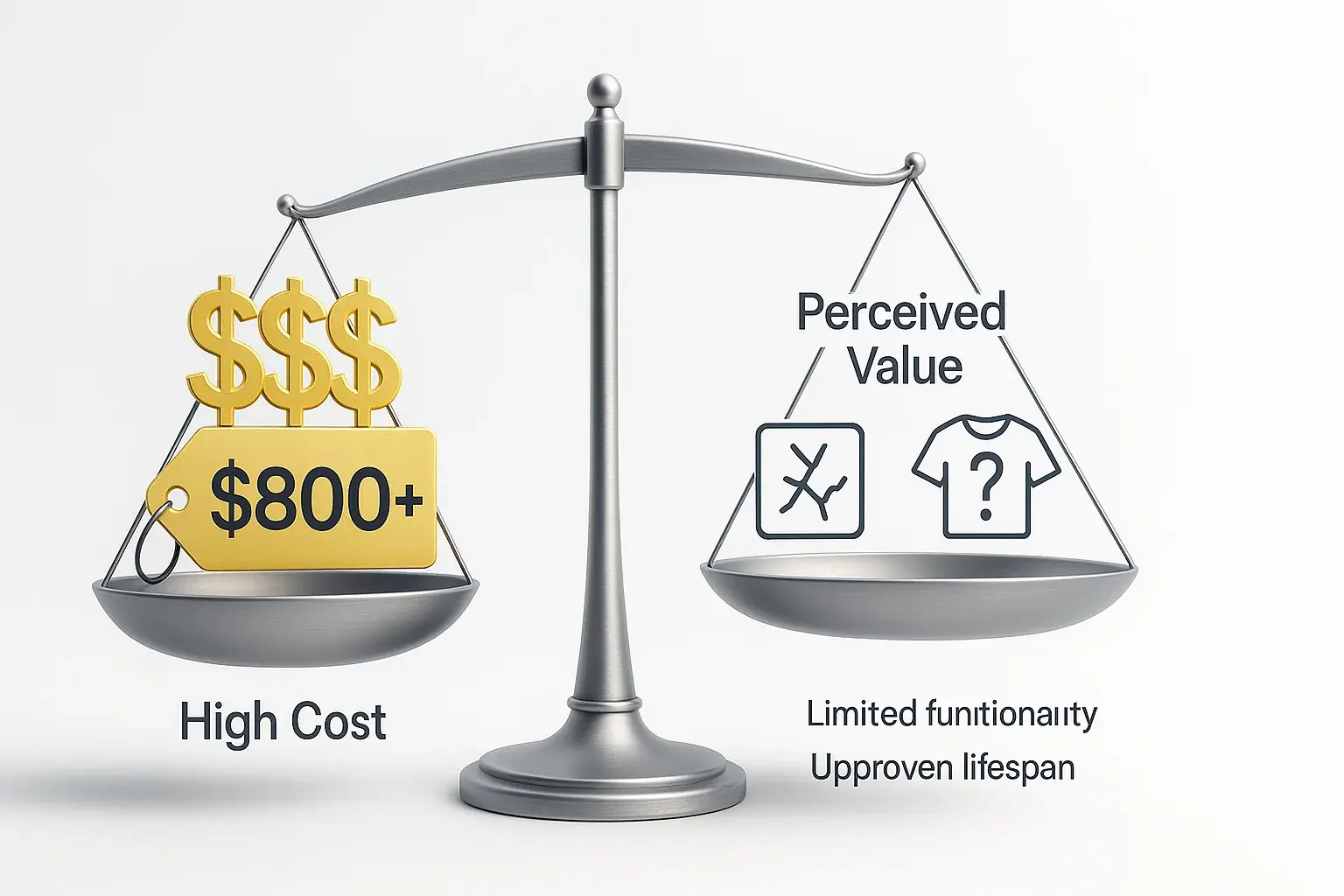Conceptual scale: VibeWear's high cost side weighs down, outweighing perceived value (limited functionality/durability).