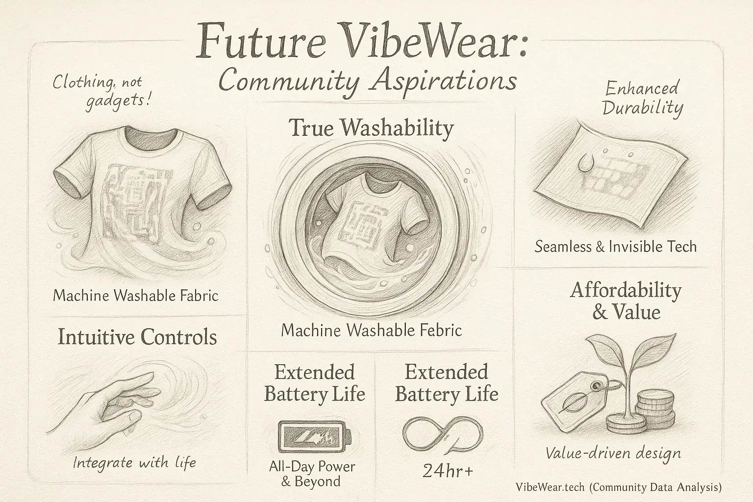 Visionary hand-drawn wishlist: E-Ink desires (washable, longer battery, invisible tech, affordable, seamless controls).