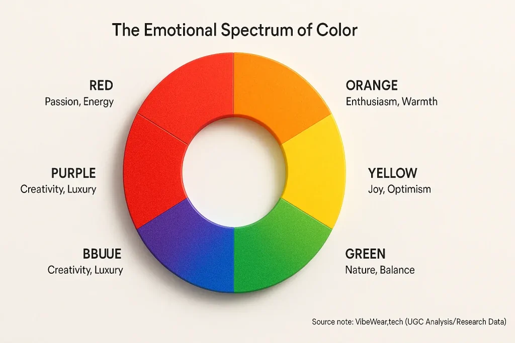 Color wheel infographic illustrating primary/secondary colors and their emotional associations like red (passion) and blue