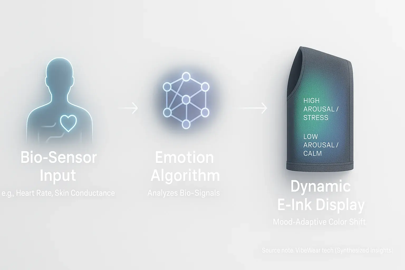 Conceptual flow: Bio-sensors inform emotion algorithm, creating a dynamic color gradient on E-Ink.