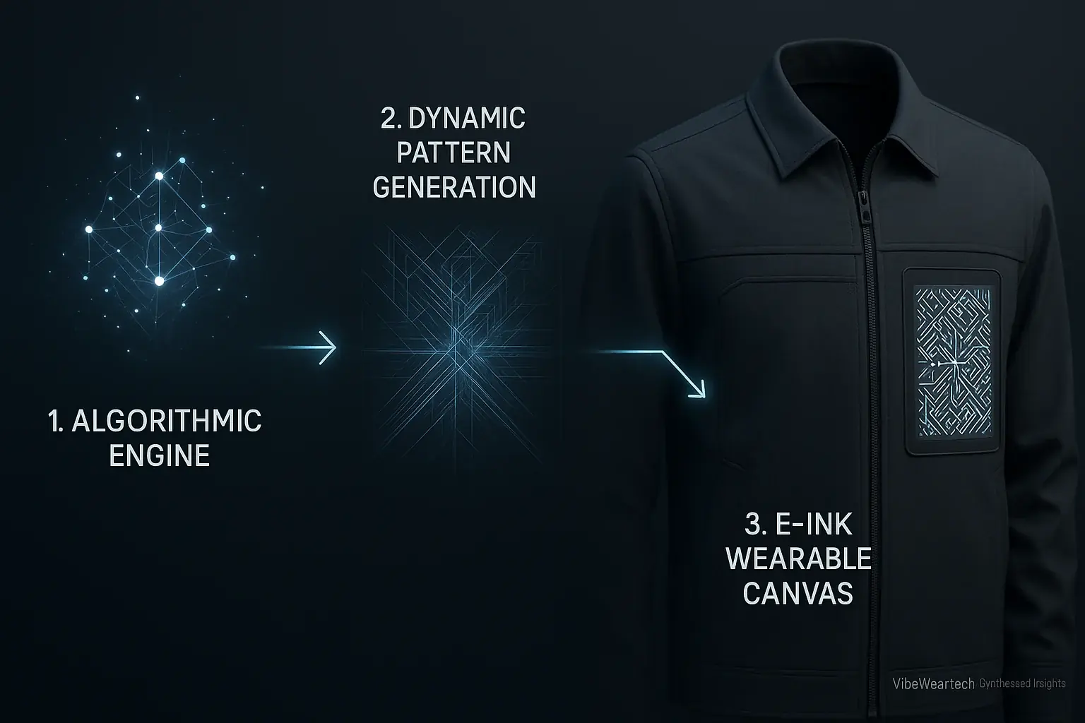 Infographic: Code algorithm to unique pattern, displayed on VibeWear E-Ink apparel, transforming code into wearable art.
