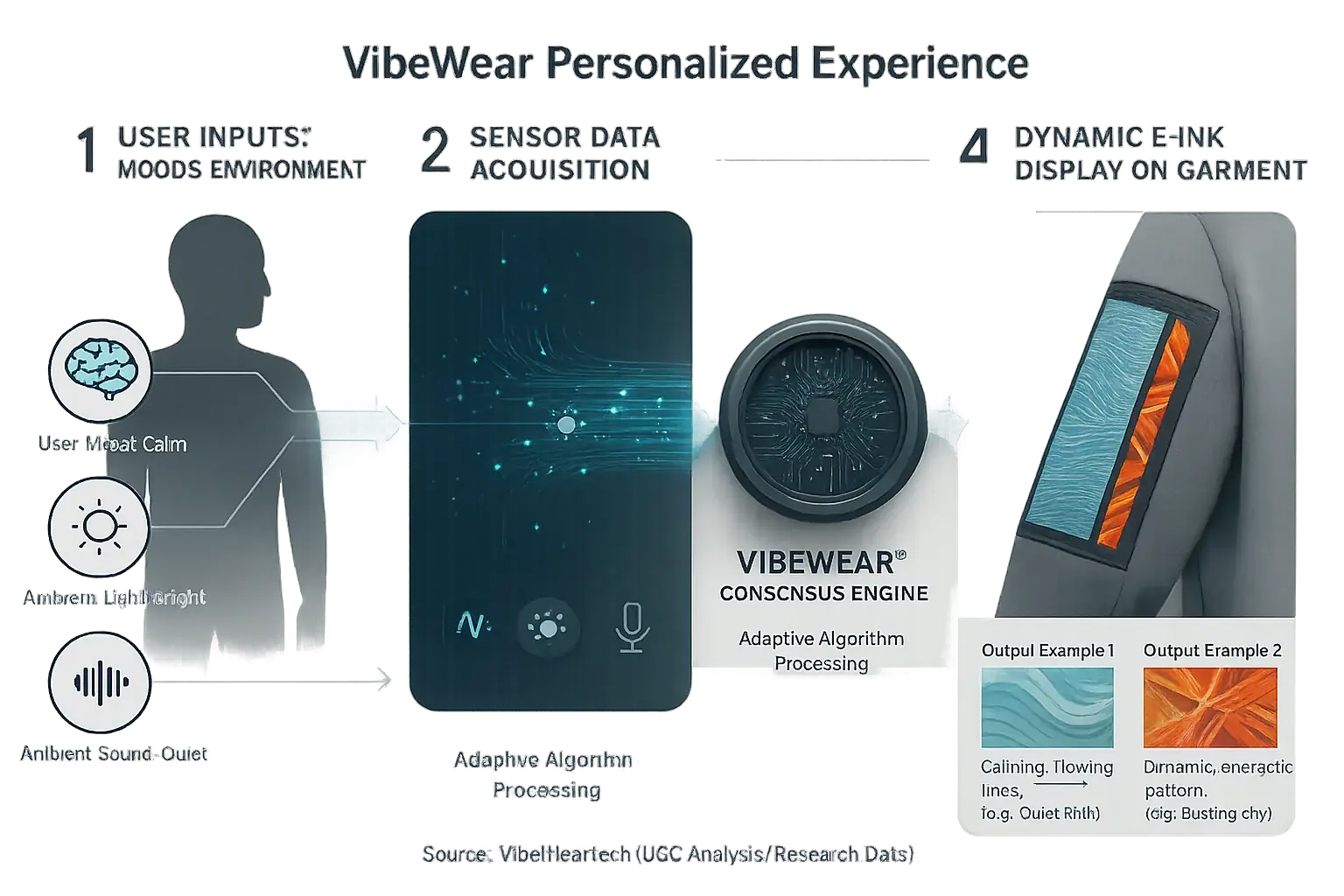 Flowchart: User input (mood/env) to sensor data, VibeWear processing, creating personalized art patterns on clothing.