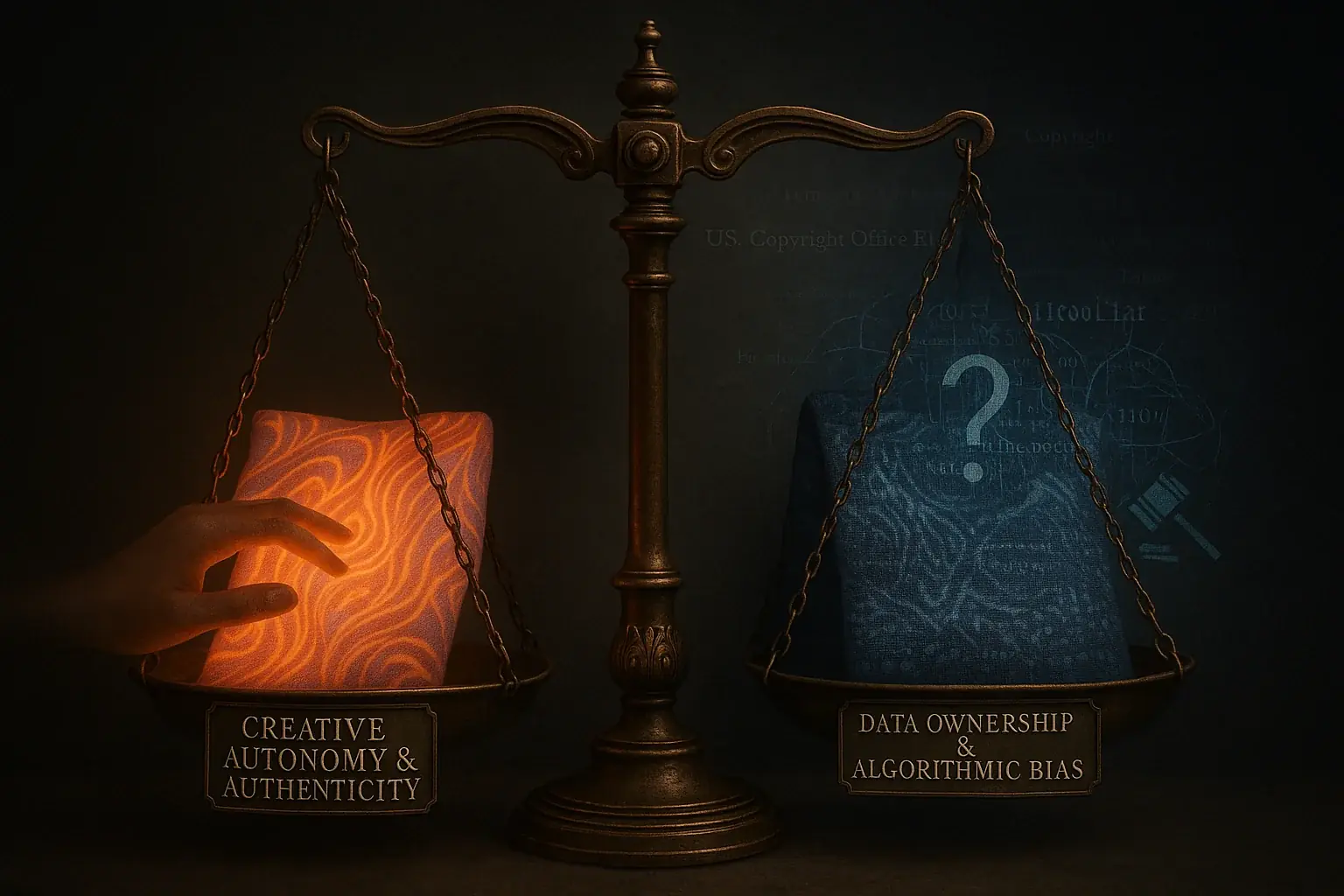 Balance scale weighs creativity vs data/ownership; subtle fashion community elements frame this ethical feedback dilemma.