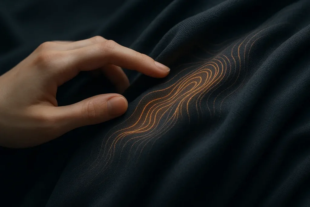 E-Ink display seamlessly integrated into flowing fabric; a hand's touch evokes subtle digital patterns, uniting tech and