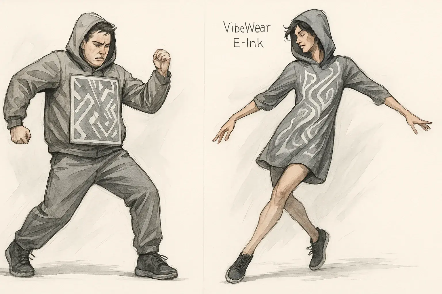 E-Ink garments: one stiff and bulky causing restricted movement, the other draped for comfort and fluid motion.