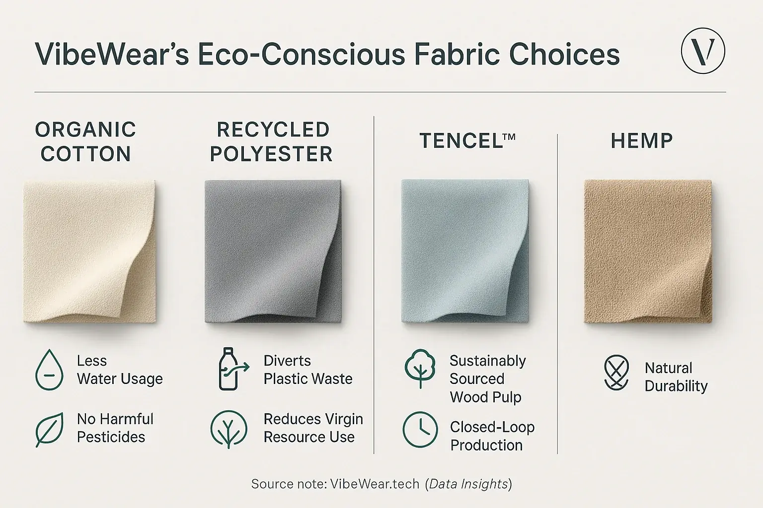Infographic: VibeWear's eco-fabrics (org. cotton, Tencel, hemp, rPET) & icons of benefits like water saving, less chemicals.