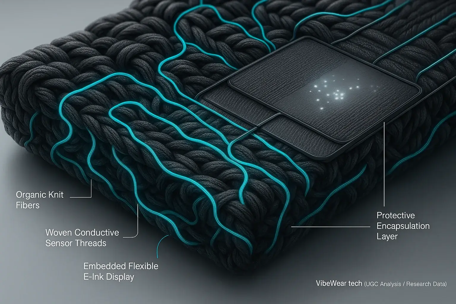 Smart fabric cross-section: E-Ink displays & sensors seamlessly woven into fibers, showing organic tech-textile integration.