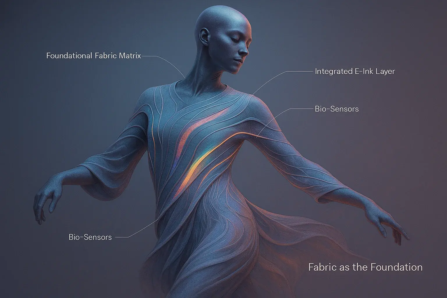 Stylized VibeWear figure with seamlessly intertwined E-Ink, sensor, and fabric layers, embodying holistic expressive