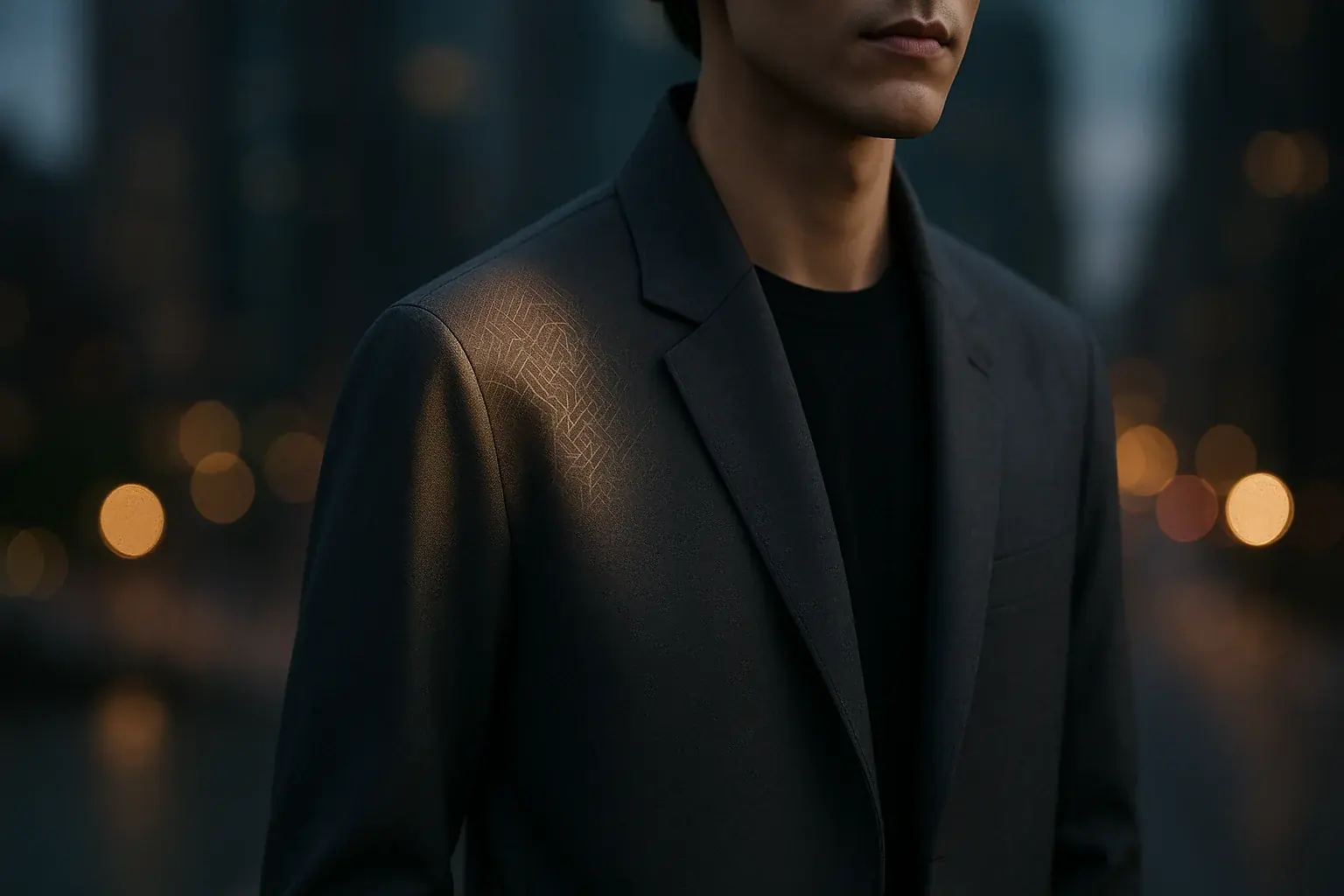 Minimalist E-Ink jacket with a very subtle pattern shift, blending into an urban setting, showcasing elegant, understated