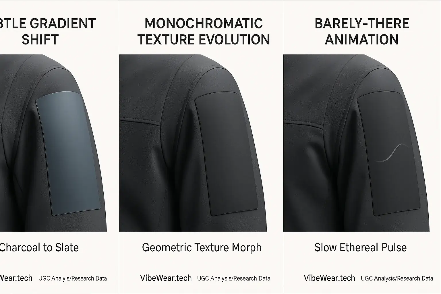 E-Ink enables elegant, gradual garment pattern shifts: subtle gradient, evolving monochromatic texture, minimal animation.
