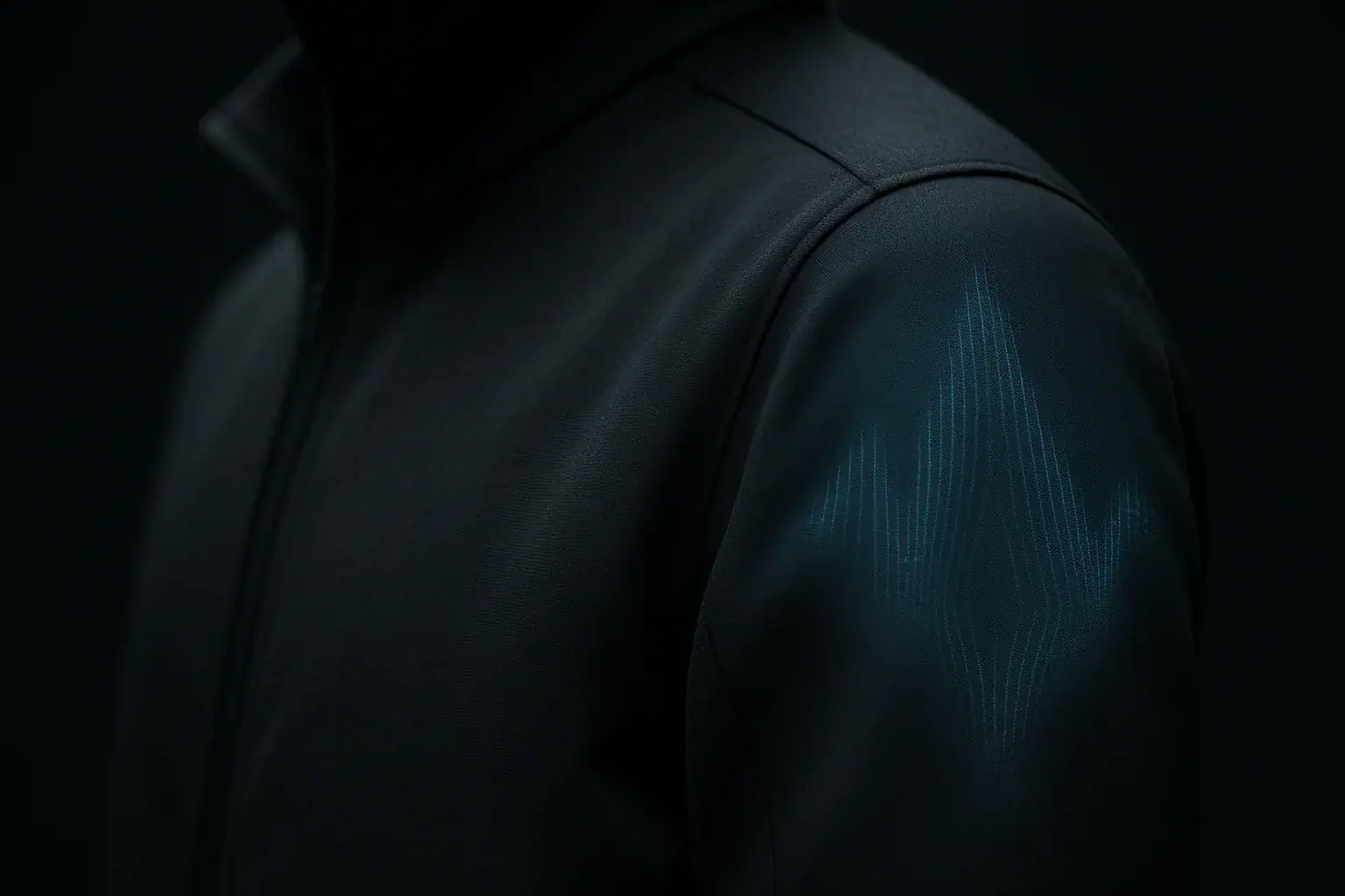 Minimalist jacket&#x27;s discreet E-Ink display, nearly invisible until activated, subtly illuminates from within the seamless