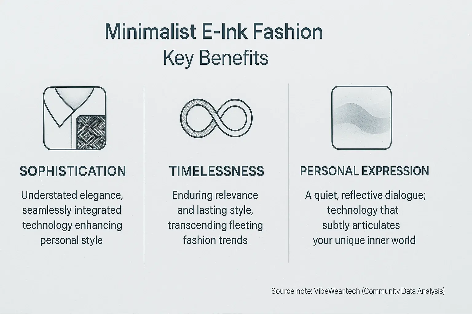 Top 3 benefits of minimalist E-Ink fashion: sophistication, timelessness, personal expression; shown with clean icons, text.