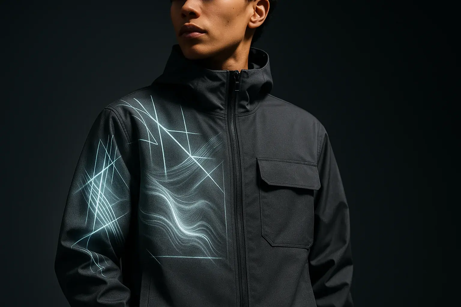 Streetwear as a living canvas: dynamic, abstract E-Ink patterns shift, merging tech and fashion.