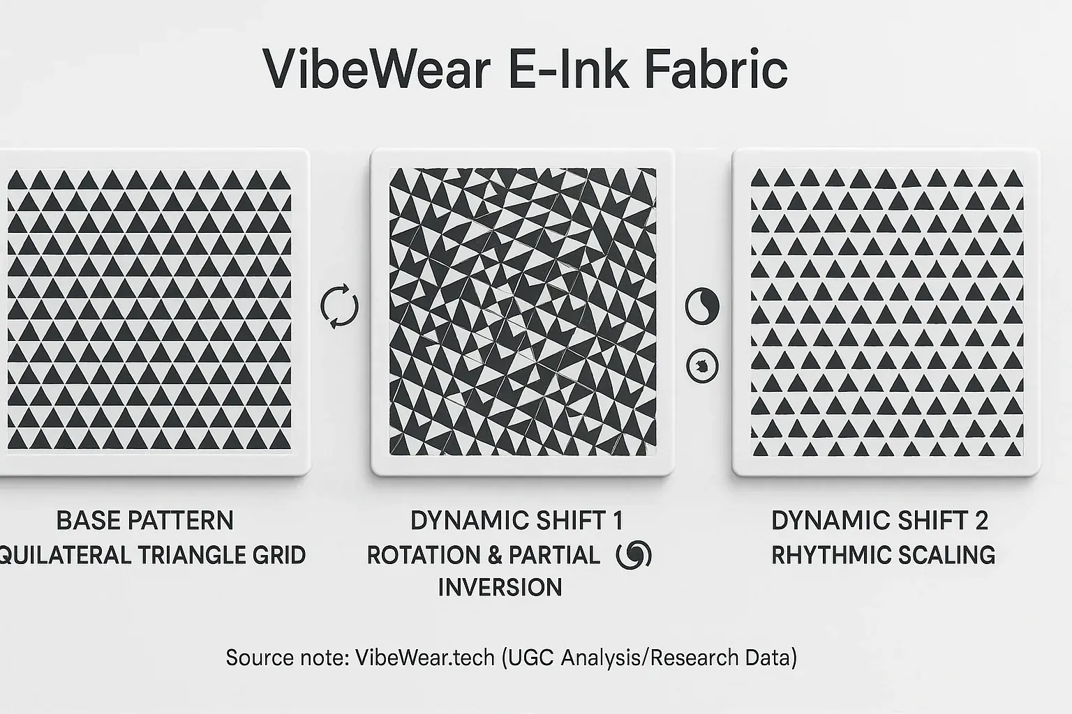 Minimalist geometric patterns on E-Ink fabric: subtle shifts in rotation, scale, and inversion create dynamic effects.