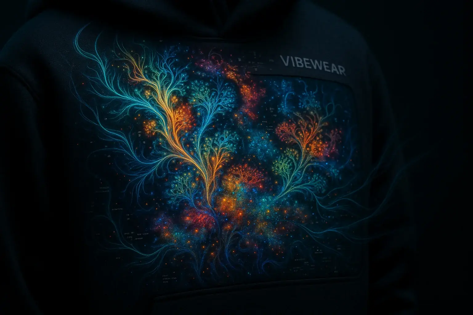 VibeWear garment: unique, complex, organic, dynamic pattern synthesized from reviews, illustrating generative art co-design.