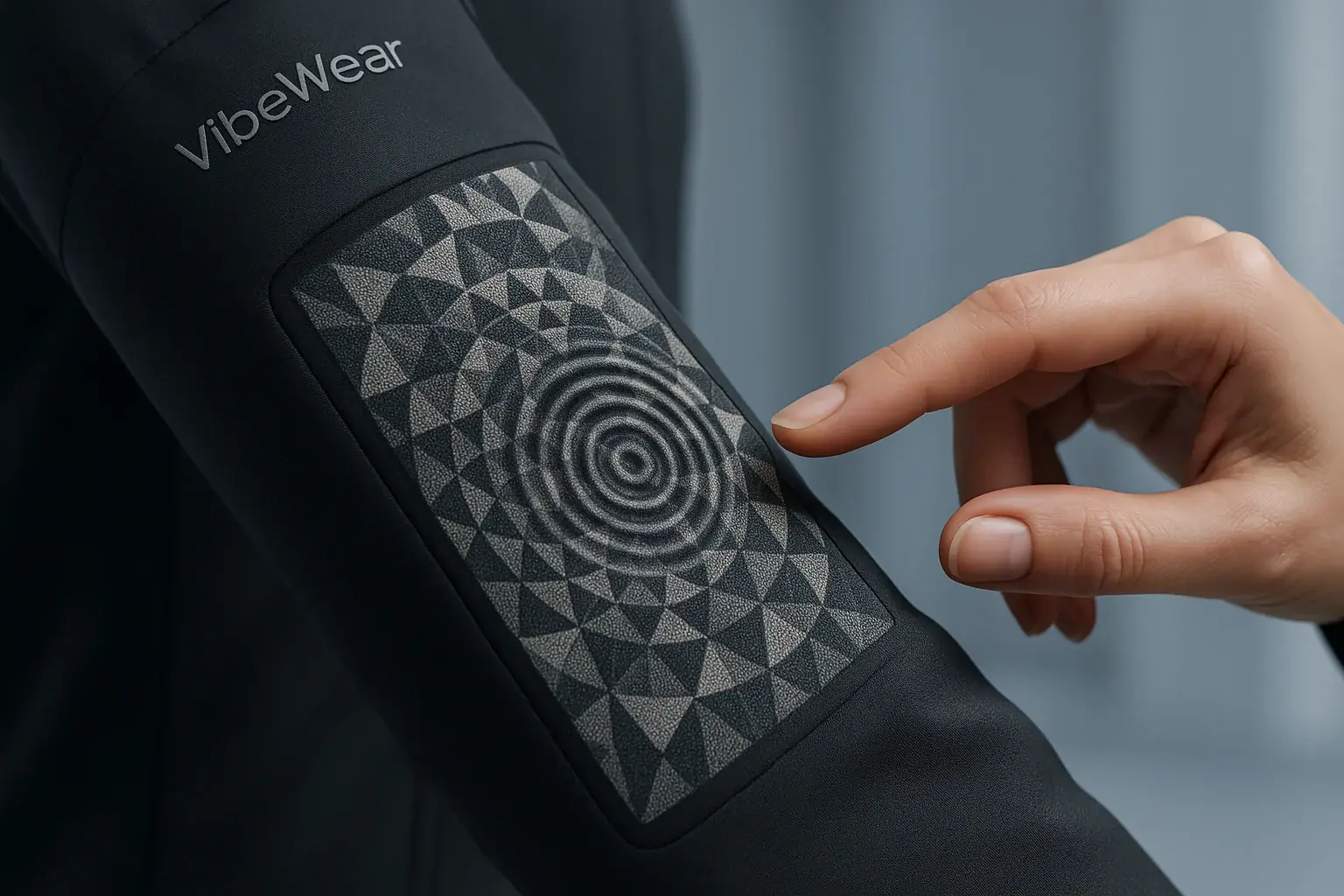 A hand touches a VibeWear garment, its interactive pattern rippling in response to the contact.