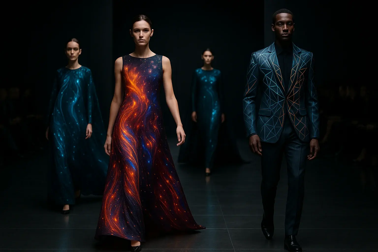 Futuristic VibeWear fashion show: E-Ink garments display dynamic, interactive patterns, an infinite canvas for artistic