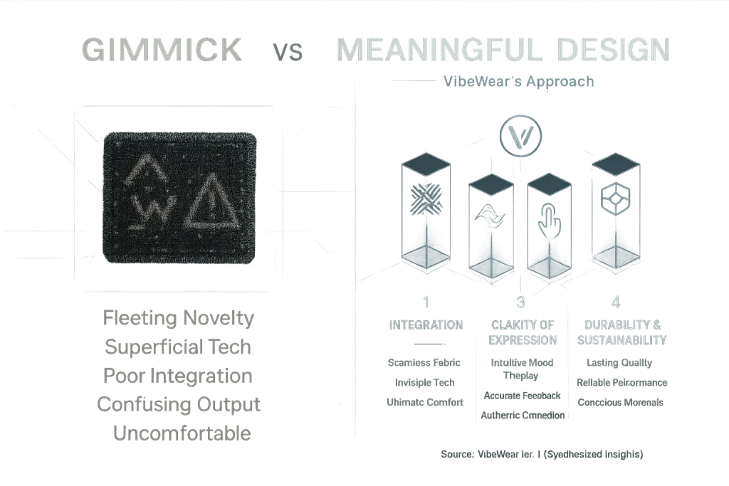Futuristic infographic: VibeWear's meaningful design pillars (integration, clarity, user control, durability) vs.