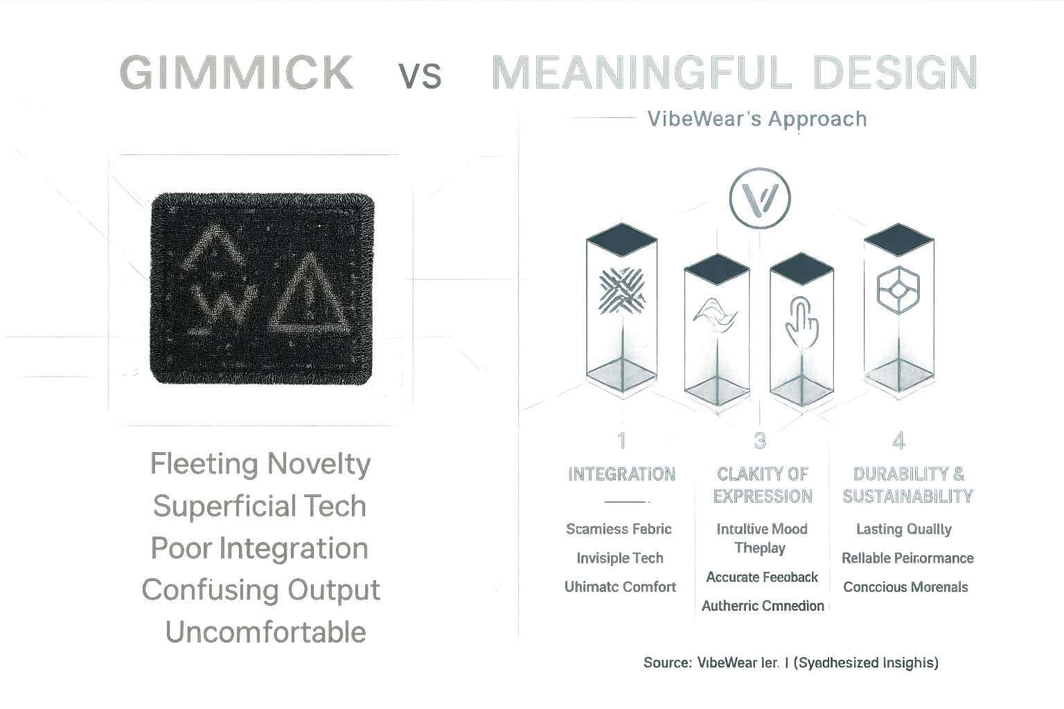 Futuristic infographic: VibeWear's meaningful design pillars (integration, clarity, user control, durability) vs.