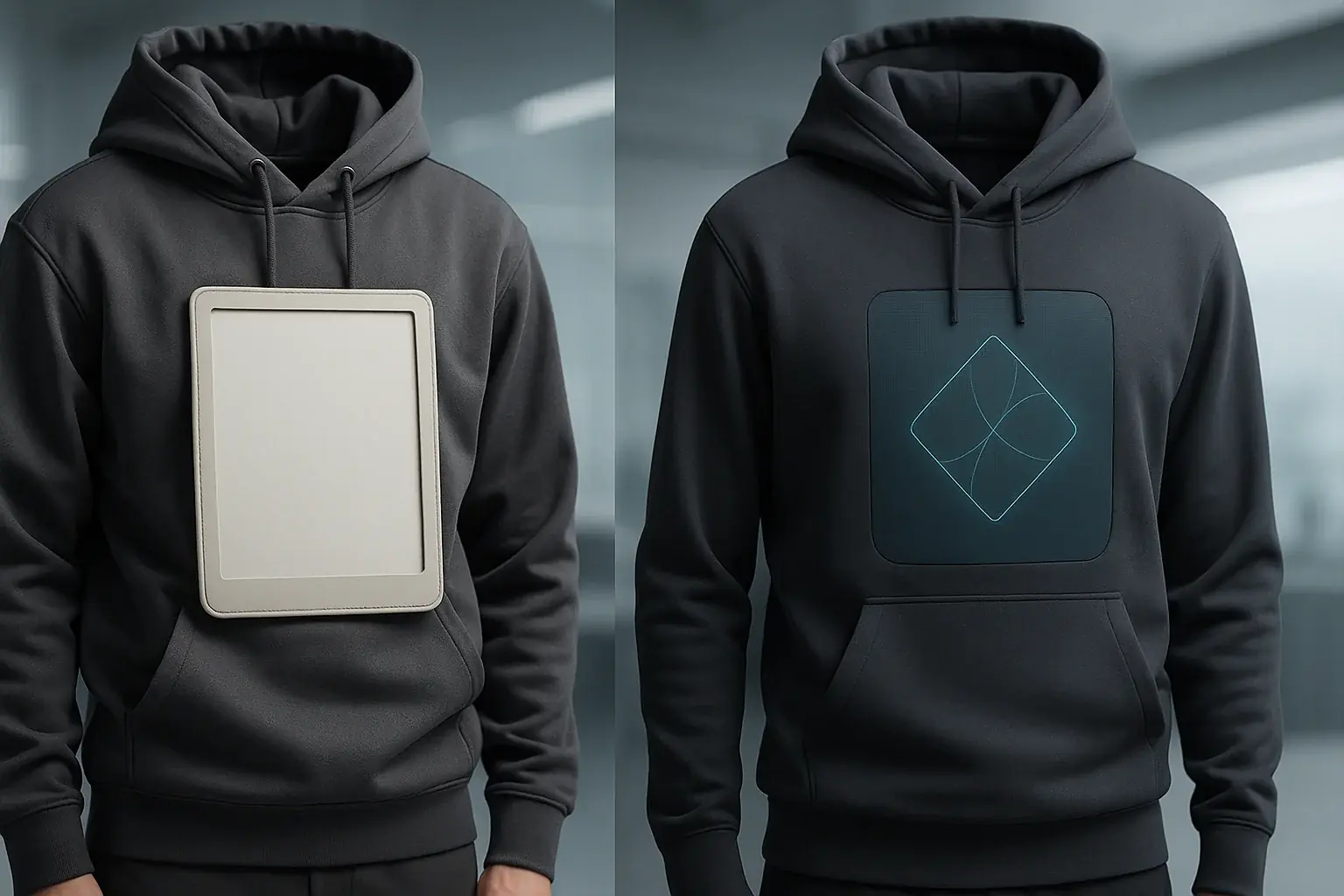 Sleek, seamlessly integrated E-Ink on futuristic streetwear contrasts a clunky version, highlighting comfort and aesthetic