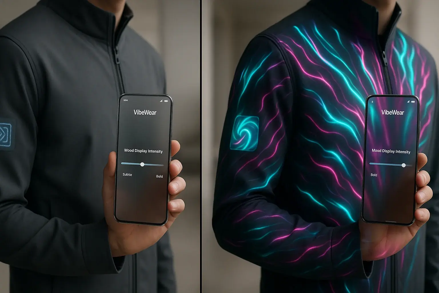 User controls VibeWear display via app: left, a subtle 'whisper'; right, a bold, full-garment 'shout'.
